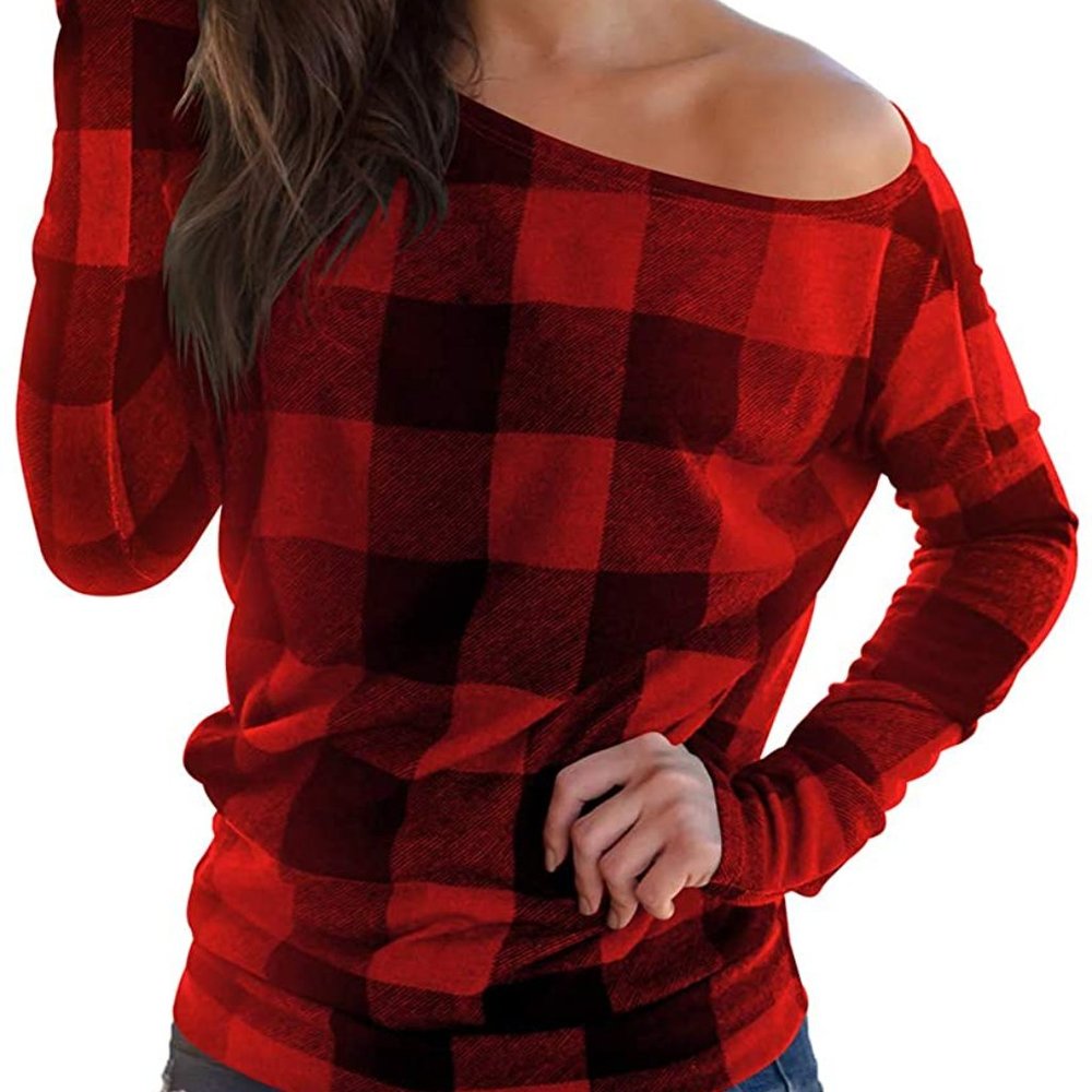 Women's Off Shoulder Top Long Sleeve Plaid - Picture 3 of 5